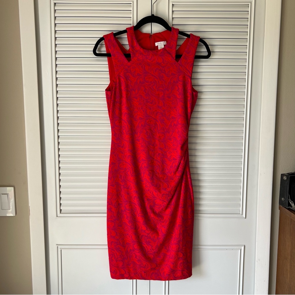 CACHE Pink and Red embossed print cutout bodycon dress size 4